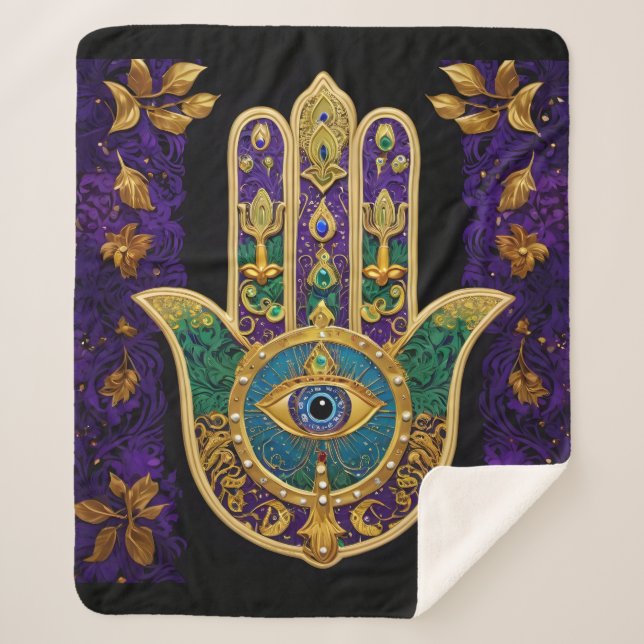  Ornate Gold Third Eye Hamsa Sherpa Blanket (Front)