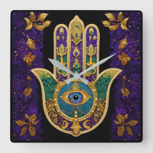  Ornate Gold Third Eye Hamsa Square Wall Clock