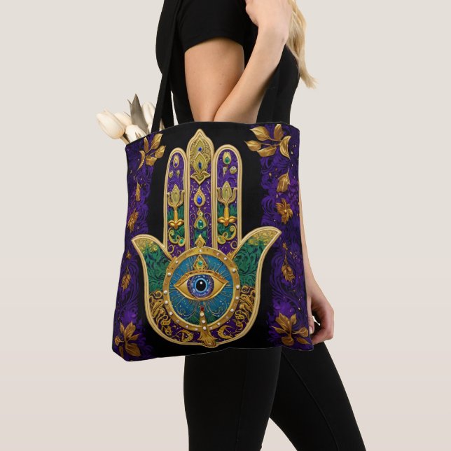  Ornate Gold Third Eye Hamsa Tote Bag (Close Up)