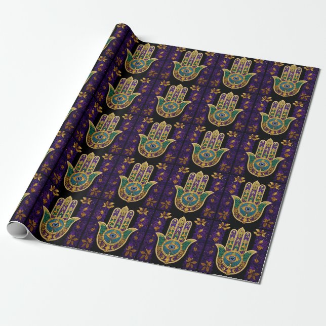  Ornate Gold Third Eye Hamsa Wrapping Paper (Unrolled)
