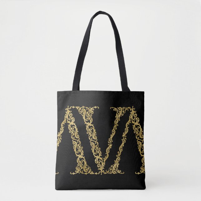 Ornate Gold V Monogram Initial Design on Any Colou Tote Bag (Front)