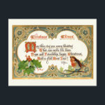 Ornate Gold Vintage Christmas Verse, Robin & Holly Postcard<br><div class="desc">Richly detailed ornate gold and teal floral mosaic-style medallion with "Christmas Chimes" poem in elegant antique font embellished with holly and a red-breasted robin on a branch. Back features complementary robin graphic and editable text field. Background color is customizable.</div>