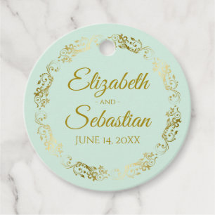 Ornate Golden Border Elegant Mint Green Wedding Favour Tags