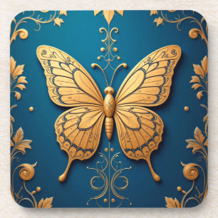 Ornate Golden Butterfly With Floral Pattern Coaster