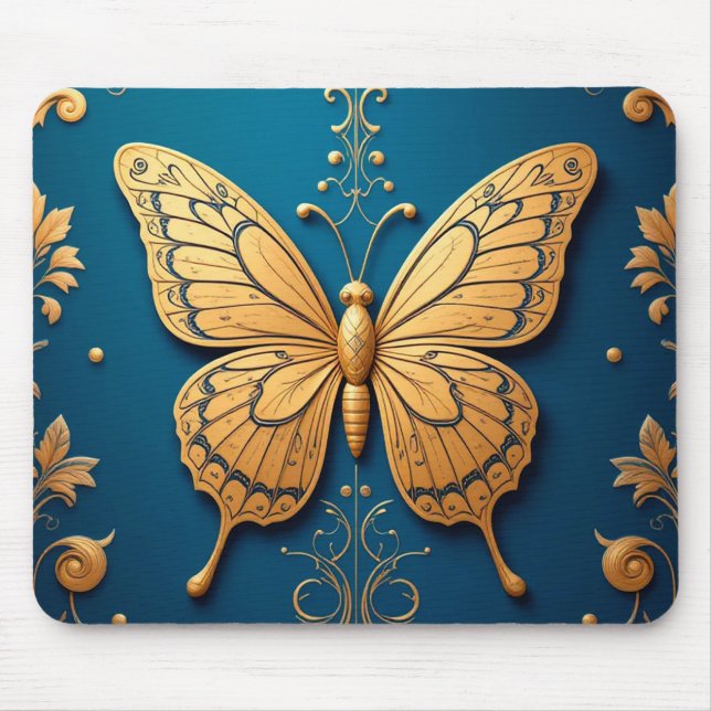 Ornate Golden Butterfly With Floral Pattern Mouse Pad (Front)
