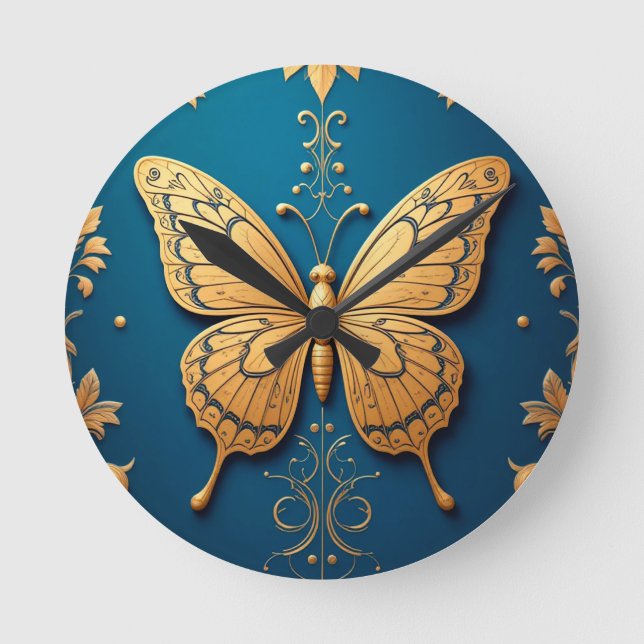 Ornate Golden Butterfly With Floral Pattern Round Clock (Front)