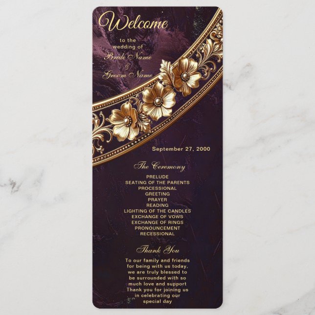 Ornate Golden Floral Wedding  Program Programme (Front)