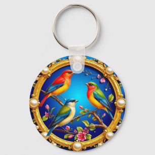 🕊️ Ornate Golden Frame With Colourful Birds Key Ring