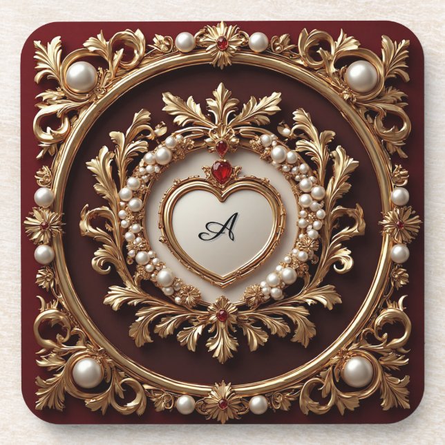 Ornate Golden Frame With Pearl Beads Coaster (Front)