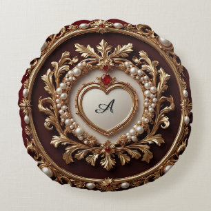 Ornate Golden Frame With Pearl Beads Round Cushion