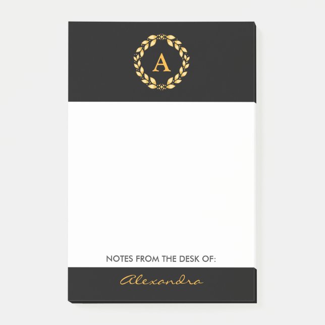 Ornate Golden Leaved Roman Wreath Monogram - Black Post-it Notes (Front)
