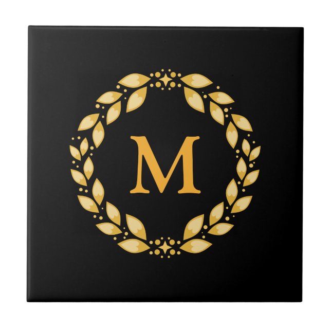 Ornate Golden Leaved Roman Wreath Monogram - Black Tile (Front)