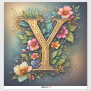 Ornate Golden Letter Y Surrounded by Vibrant Flowe