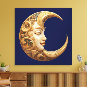 Ornate Golden Moon with Face Large Wall Art