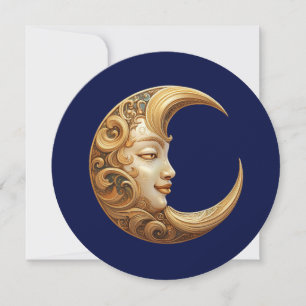 Ornate Golden Moon with Face on Navy Blue Card