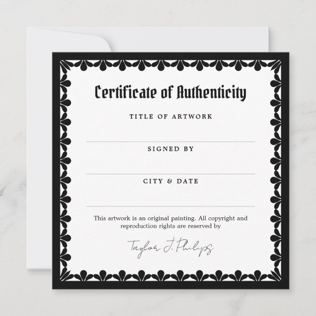 Ornate Gothic Font Certificate of Authenticity (Front)