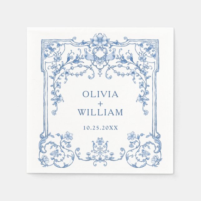 Ornate Grace Victorian Floral Blue Flowers Wedding Napkin (Front)