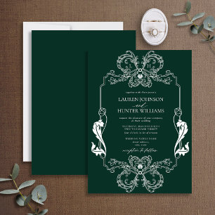 Ornate Green Floral Line Art Monogram Wedding Invitation