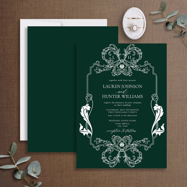Ornate Green Floral Line Art Monogram Wedding Invitation (Creator Uploaded)