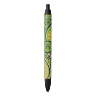 Ornate Green Paisley Pattern Monogram Black Ink Pen