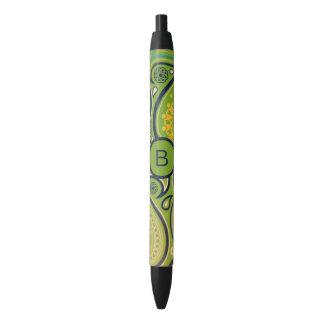 Ornate Green Paisley Pattern Monogram Black Ink Pen