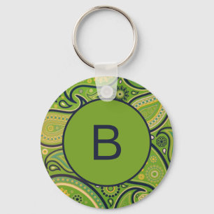 Ornate Green Paisley Pattern Monogram Key Ring