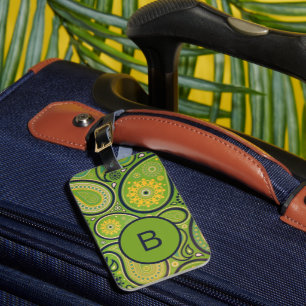 Ornate Green Paisley Pattern Monogram Luggage Tag