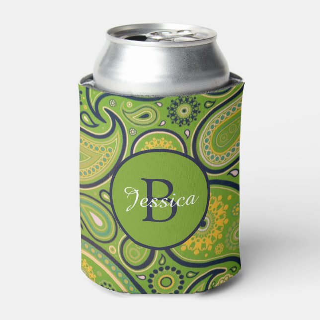 Ornate Green Paisley Pattern Personalised Can Cooler (Can Front)
