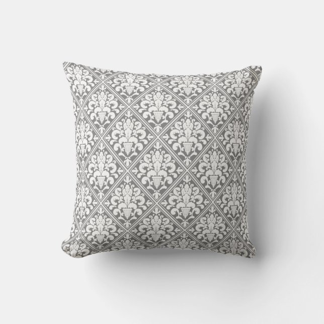 Ornate Grey White Damask Cushion (Front)