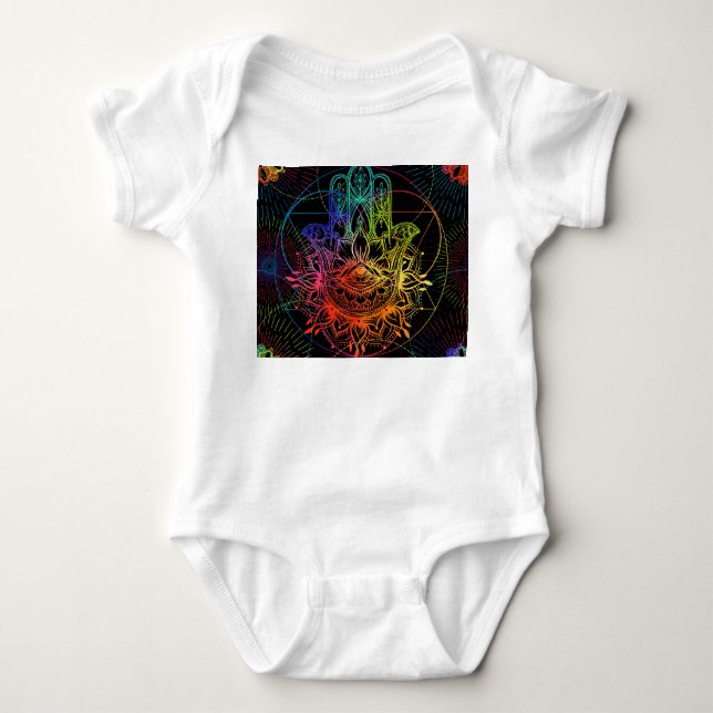 Ornate hamsa: hand-drawn neon pattern. baby bodysuit (Front)