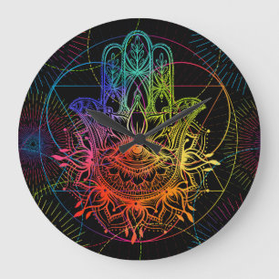 Ornate hamsa: hand-drawn neon pattern. large clock