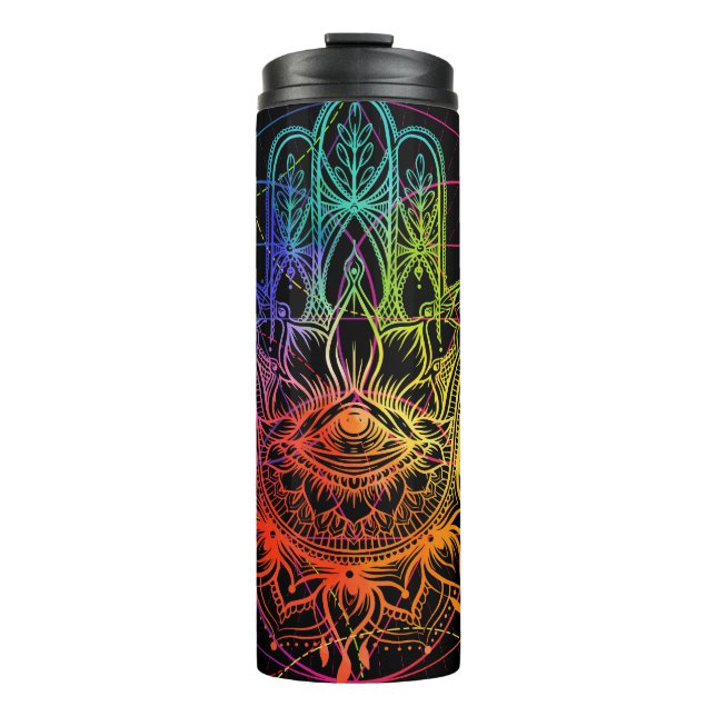 Ornate hamsa: hand-drawn neon pattern. thermal tumbler (Front)