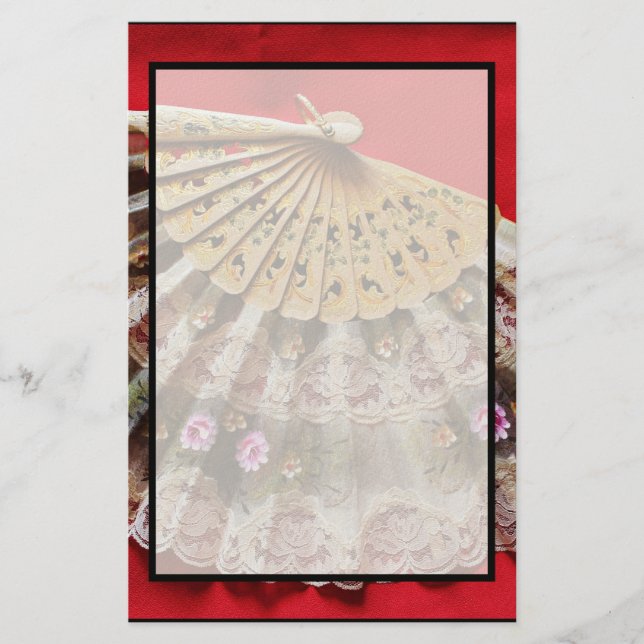 Ornate Hand Held Fan on a Red Background Stationery (Front)