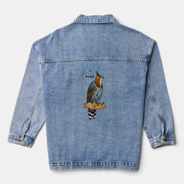 Ornate hawk eagle bird cartoon illustration denim jacket (Back)