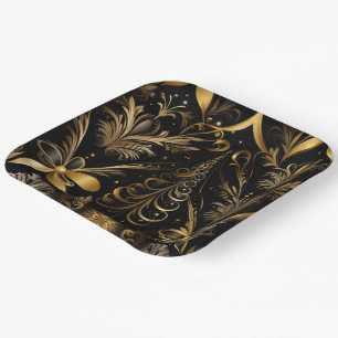 Ornate Holiday Black And Gold Paper Plate