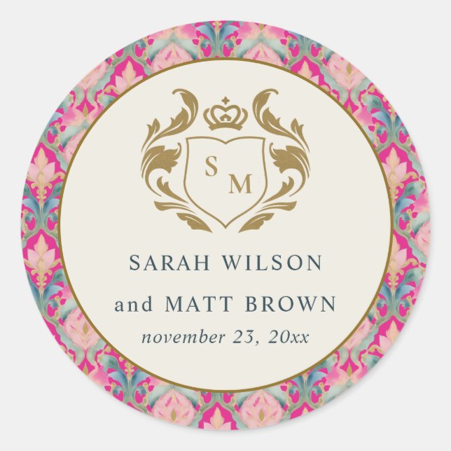 Ornate Hot Pink Gold Classy Floral Laurel Wedding Classic Round Sticker (Front)