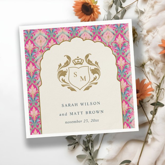 Ornate Hot Pink Gold Classy Floral Laurel Wedding Napkin (Creator Uploaded)