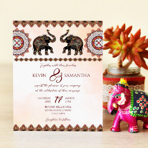 Ornate Indian elephant budget wedding invitation