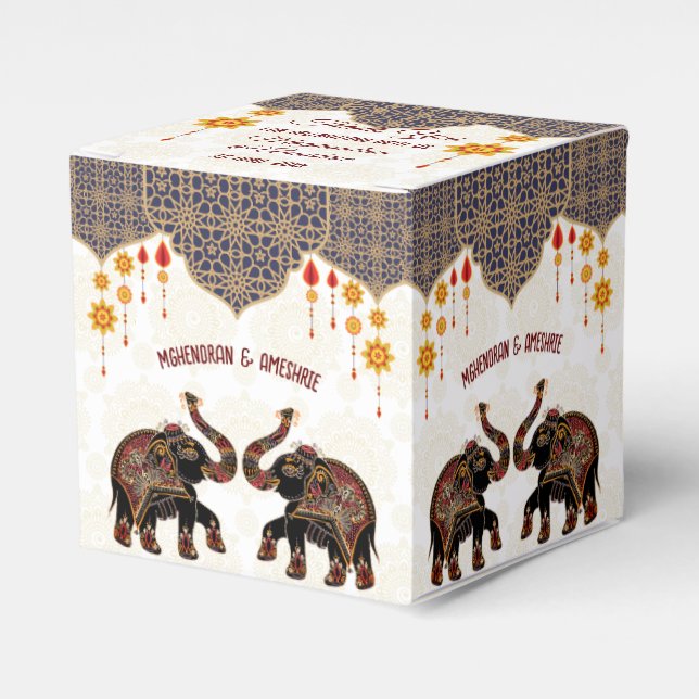 Ornate Indian elephant Indian wedding personalised Favour Box (Front Side)