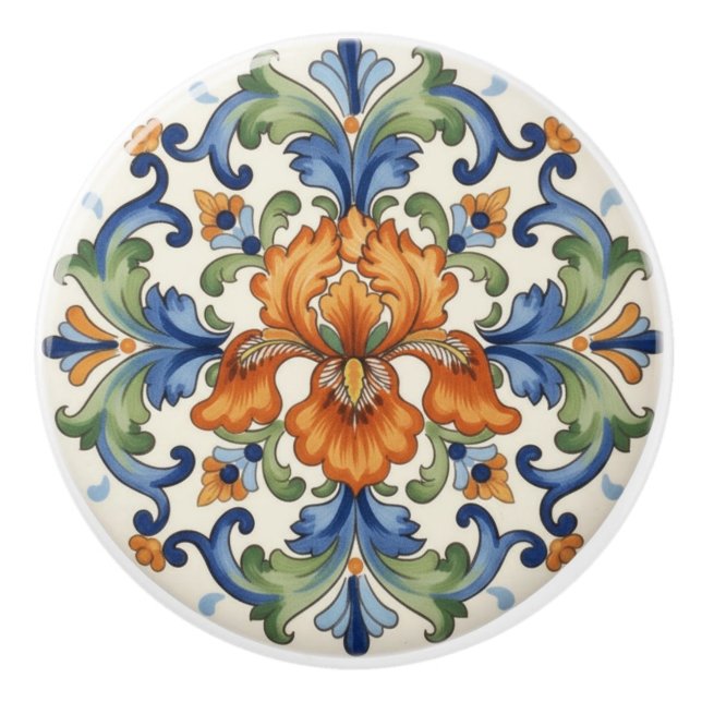 Ornate Iris Flower Blue Orange Green Floral Ceramic Knob (Front)