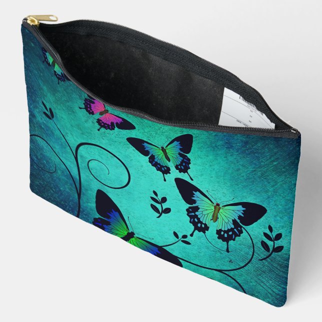Ornate Jewel Butterflies Teal Accessory Pouch (Open)
