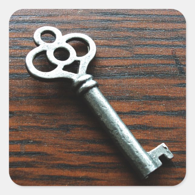 Ornate Key on Wooden Box Square Sticker (Front)