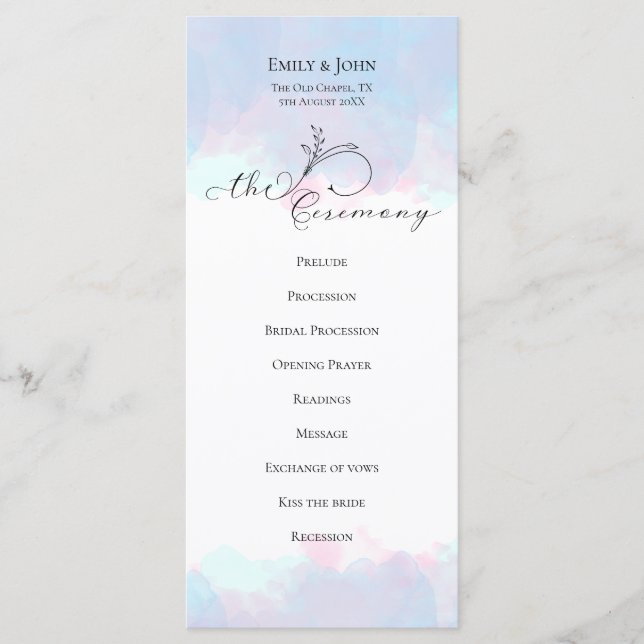 Ornate Leaf Black Script Pastel Watercolor Wedding Programme (Front)