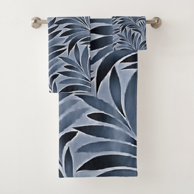 Ornate Leaves In Blue Black Colour Pattern Bath Towel Set (Insitu)