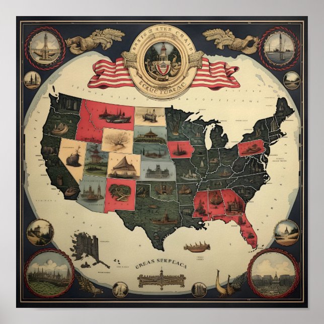 Ornate Map of the U.S.A. Poster (Front)