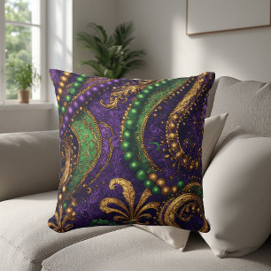Ornate Masquerade Masks, Gold Beads, Fleur-de-Lis Cushion