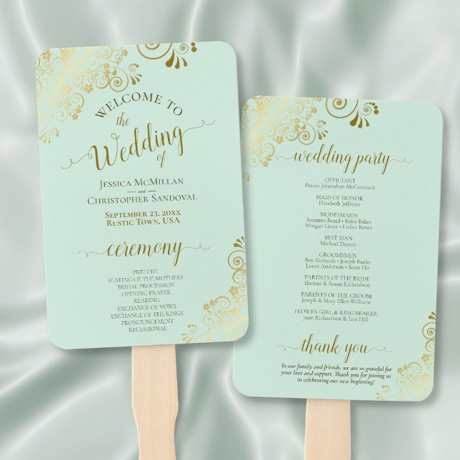 Ornate Mint Green & Gold Elegant Wedding Program Hand Fan (Front/Back)