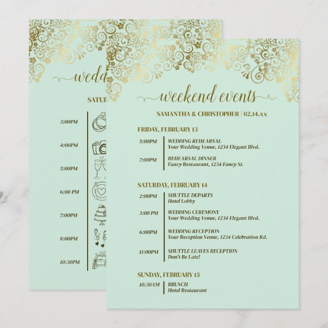 Ornate Mint Green & Gold Wedding Events & Timeline Programme (Front/Back)