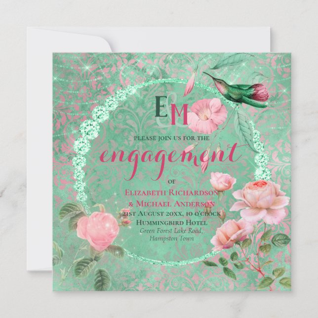 Ornate Mint Green Pink Gold HUMMINGBIRD Engagement Invitation (Front)