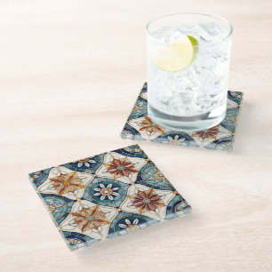 Ornate Moroccan Tile Pattern#3 Blue Gold ID1078 Glass Coaster